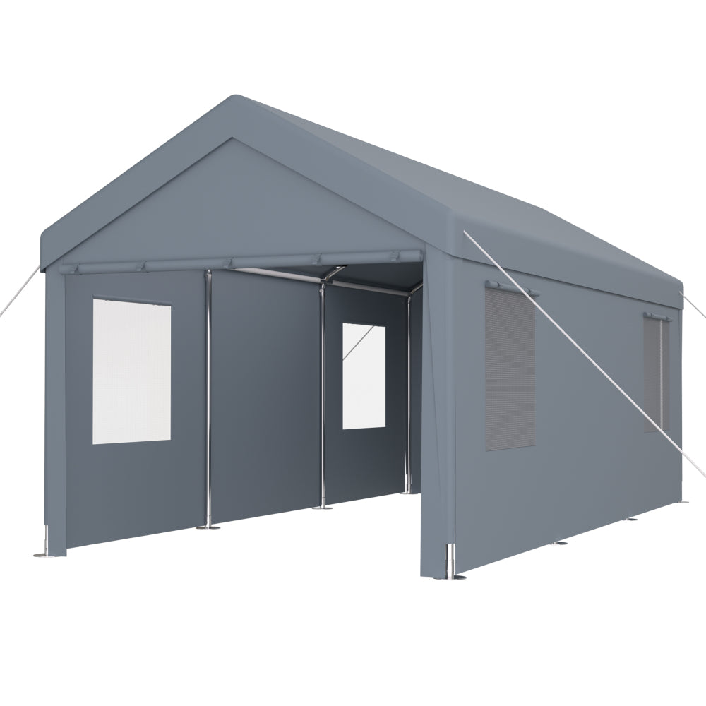 10×20 FT Portable Carport Garage | Heavy-Duty Galvanized Steel Frame with 2 Roll-Up Doors & 4 Ventilated Windows — White / Grey Grey