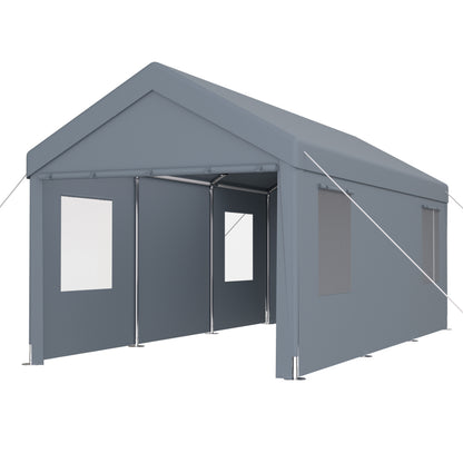 10×20 FT Portable Carport Garage | Heavy-Duty Galvanized Steel Frame with 2 Roll-Up Doors & 4 Ventilated Windows — White / Grey Grey