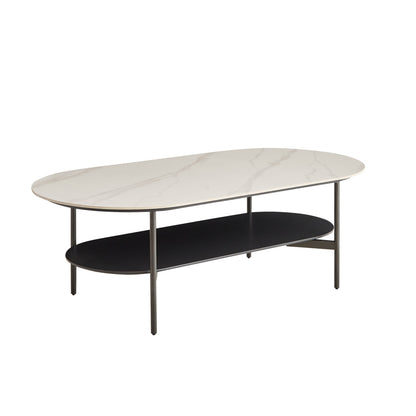 Ceramic Sintered Stone Coffee Table with Walnut Shelf | 47" Double-Layer Living Room Center Table — White & Coffee Brown