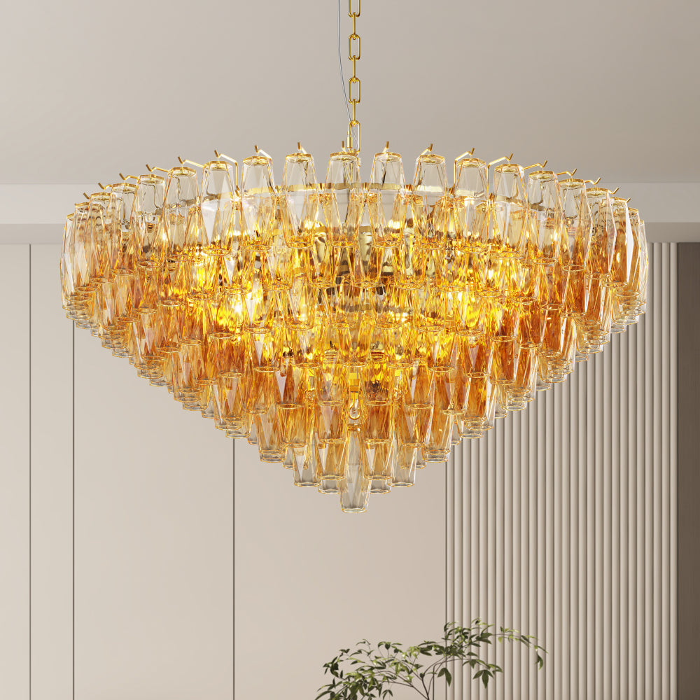 Round tiered chandelier with gold metal frame and amber smoke glass shades, 14-light design, 37" or 54" sizes.