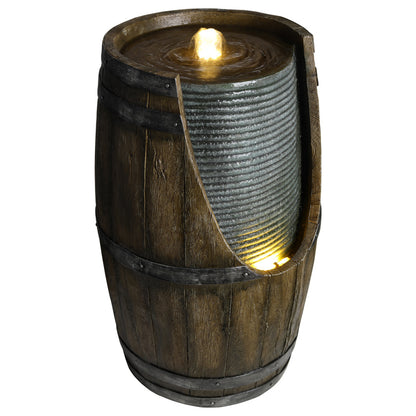 Rustic Barrel Outdoor Water Fountain with LED Lights | Resin Farmhouse Waterfall Fountain for Patio, Porch & Yard