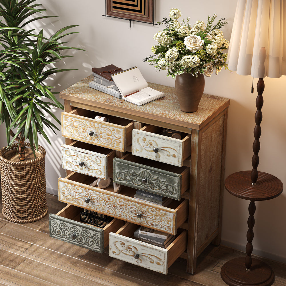Rustic Farmhouse 6-Drawer Accent Chest – Multicolor Carved Wood, Bedroom & Living Room