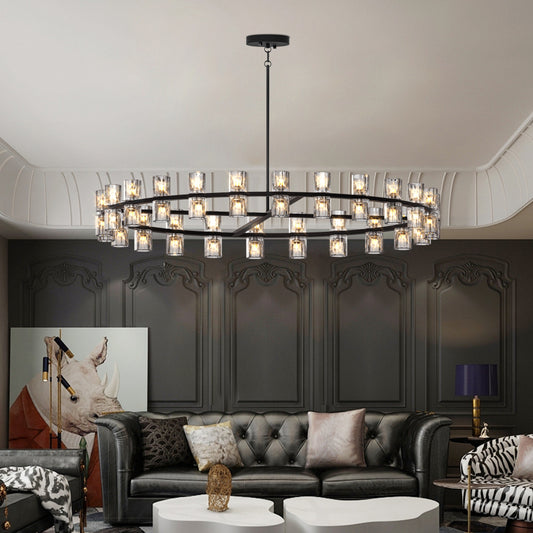 Luxury Crystal Chandelier | Double-Ring LED Ceiling Light for Living Room & Dining Room — Black or Gold, Round or Rectangular