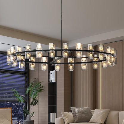 Luxury Crystal Chandelier | Double-Ring LED Ceiling Light for Living Room & Dining Room — Black or Gold, Round or Rectangular Black / 48" Round