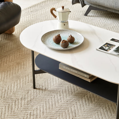 Ceramic Sintered Stone Coffee Table with Walnut Shelf | 47" Double-Layer Living Room Center Table — White & Coffee Brown