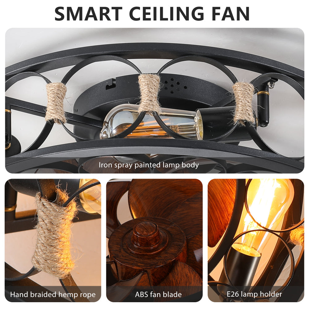 Caged Flush Mount Ceiling Fan with LED Lights & Remote – Farmhouse Matte Black, 6 Speeds & Reversible DC Motor