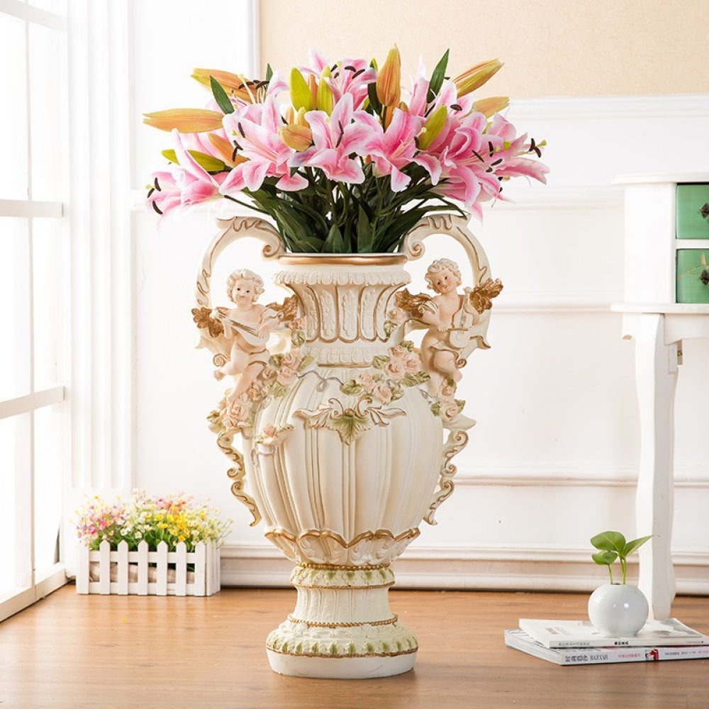 28.35" European Angel Cupid Floor Vase | Baroque Resin Decorative Vase with Gold Trim & Cherub Handles — Luxury Home Decor