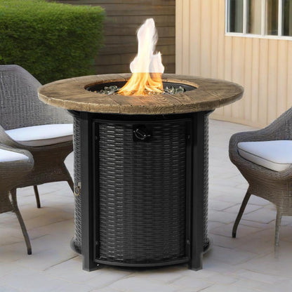 30" Propane Fire Pit Table | 50,000 BTU Round Steel Fire Pit with Wood-Grain Finish & Glass Stones