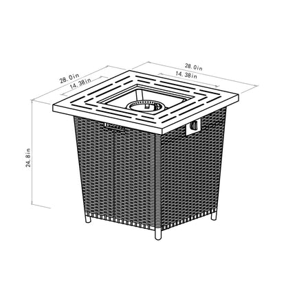 28" Square Propane Fire Pit Table | 50,000 BTU Wicker & Steel Fire Table with Decorative Stones & Steel Lid — Black
