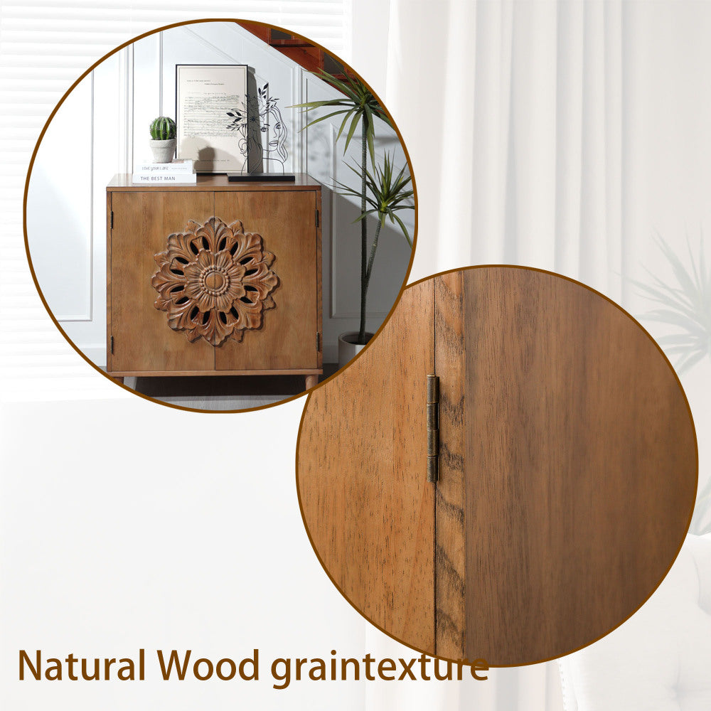 Rustic Hand-Carved 2-Door Accent Cabinet Boho Floral Storage Sideboard with Solid Wood Legs