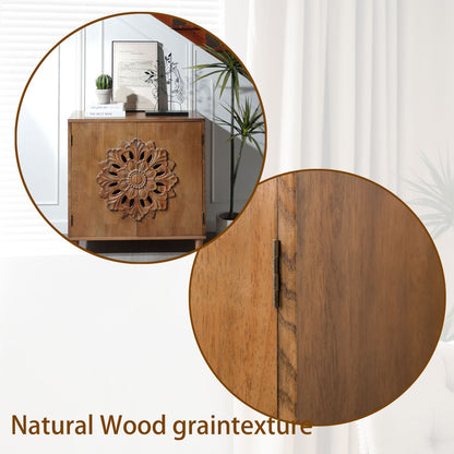 Rustic Hand-Carved 2-Door Accent Cabinet Boho Floral Storage Sideboard with Solid Wood Legs