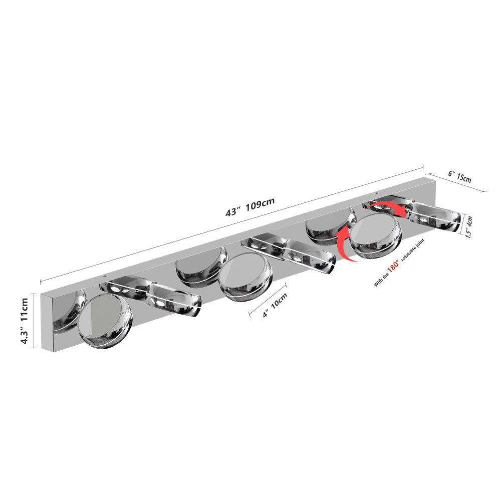 Modern chrome 6-light LED vanity light bar technical diagram showing 43-inch length, 180° rotatable joints, and precise measurements