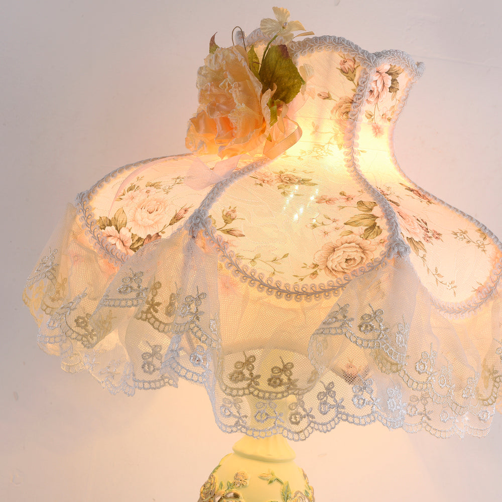 Victorian Pink & Ivory Table Lamp – Lace Pleated Shade & Beaded Fringe, Princess Bedside Night Light