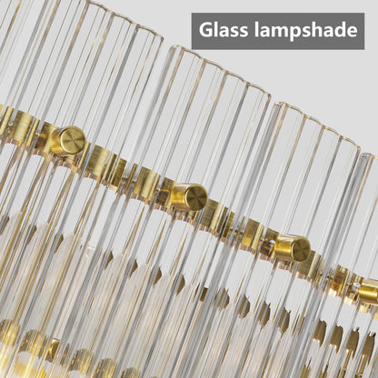 Close-up of Water Ripple Crystal Glass Chandelier featuring corrugated glass rods and gold metal accents.