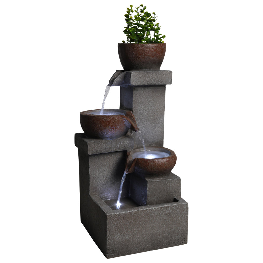 Tiered Cascading Jar Outdoor Fountain with LED Lights | Resin Stone-Look Waterfall with Planter Top — Garden, Patio & Entryway Decor