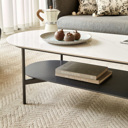 Ceramic Sintered Stone Coffee Table with Walnut Shelf | 47" Double-Layer Living Room Center Table — White & Coffee Brown