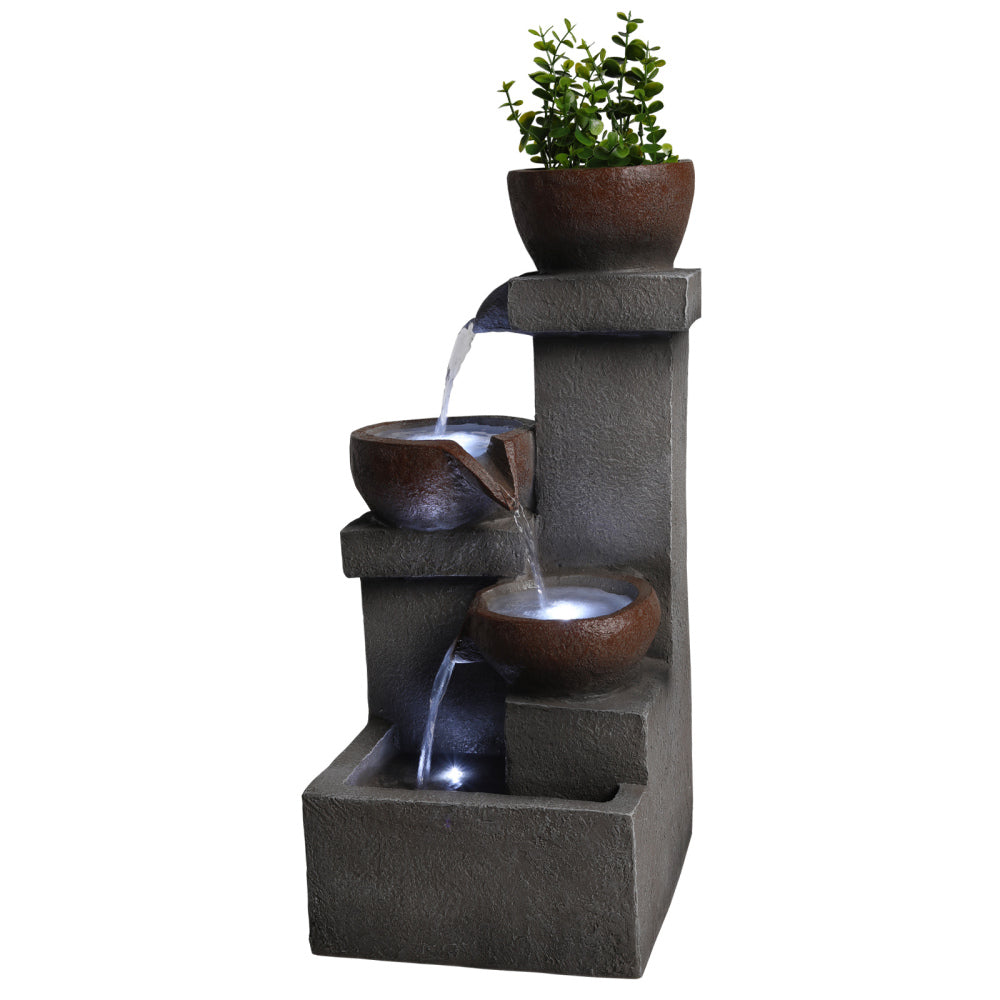 Tiered Cascading Jar Outdoor Fountain with LED Lights | Resin Stone-Look Waterfall with Planter Top — Garden, Patio & Entryway Decor