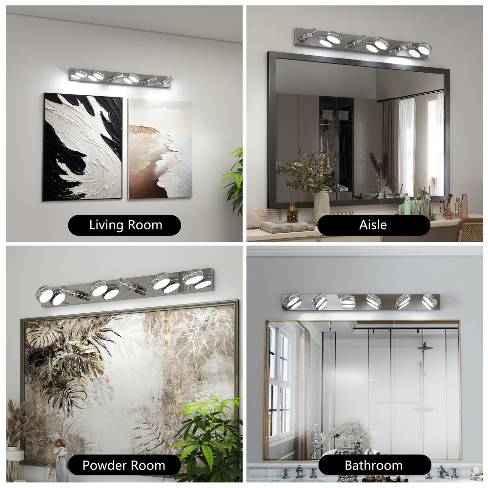 Modern chrome LED vanity light bar shown installed in living room, aisle, powder room, and bathroom settings, demonstrating its versatile design