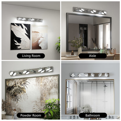 Modern chrome LED vanity light bar shown installed in living room, aisle, powder room, and bathroom settings, demonstrating its versatile design