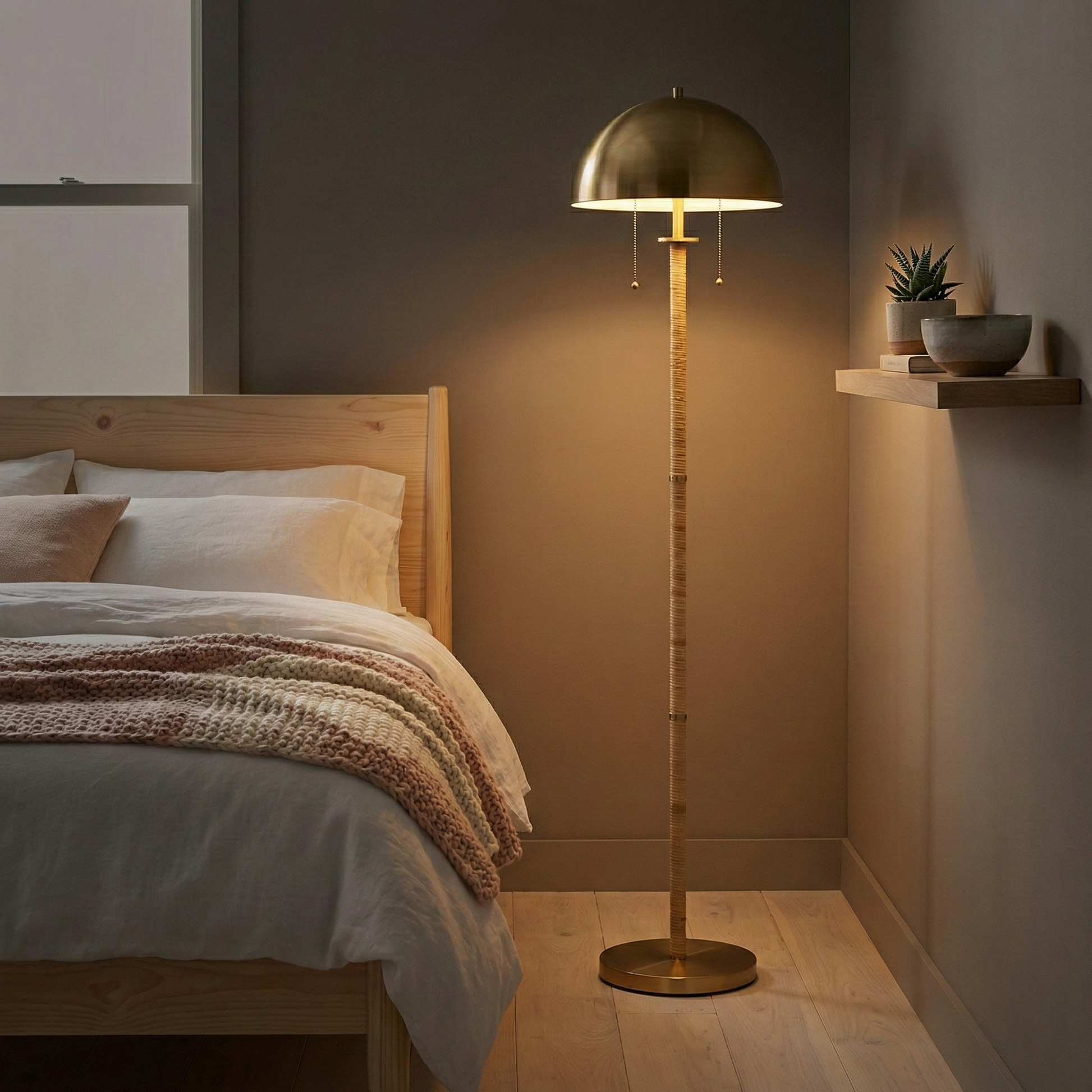 2-light floor lamp with gold brass dome shade and natural rattan tube stem, dual pull chains, placed beside a bed in a softly lit bedroom.