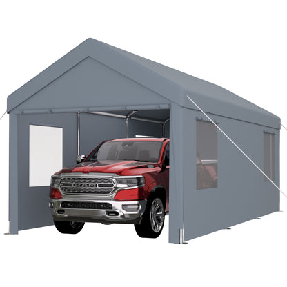 10×20 FT Portable Carport Garage | Heavy-Duty Galvanized Steel Frame with 2 Roll-Up Doors & 4 Ventilated Windows — White / Grey