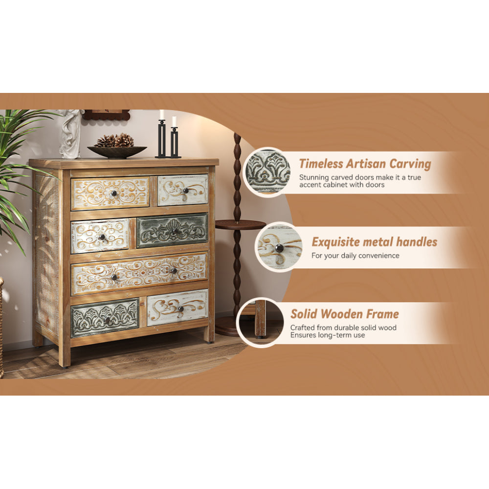 Rustic Farmhouse 6-Drawer Accent Chest – Multicolor Carved Wood, Bedroom & Living Room