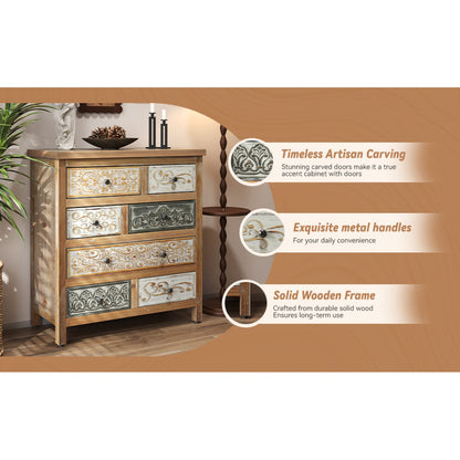 Rustic Farmhouse 6-Drawer Accent Chest – Multicolor Carved Wood, Bedroom & Living Room