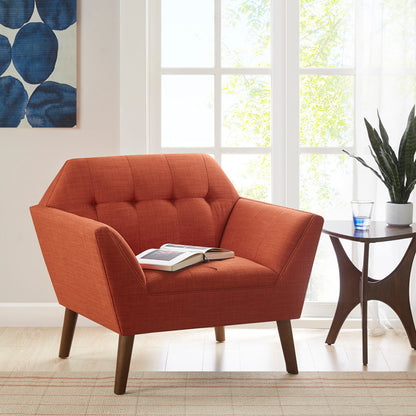 Mid-Century Modern Lounge Chair | Button Tufted, Pecan Legs, 300 lb Capacity Orange