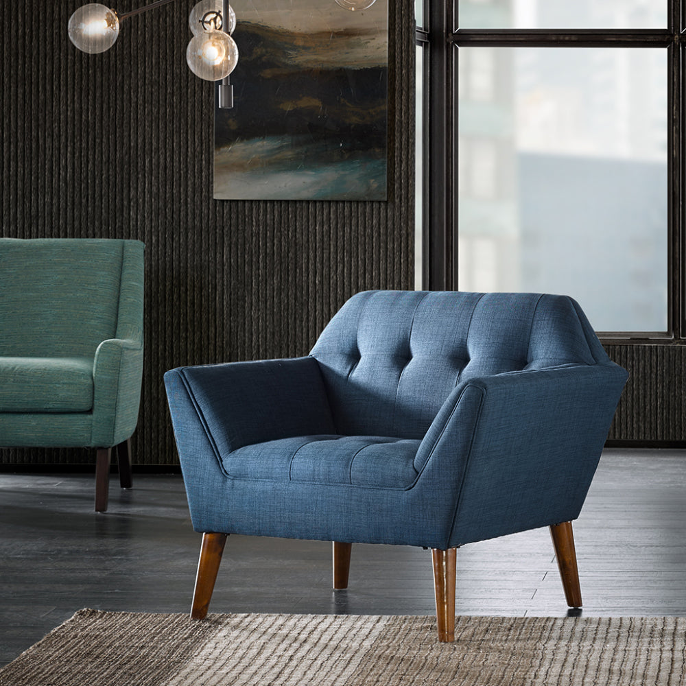 Mid-Century Modern Lounge Chair | Button Tufted, Pecan Legs, 300 lb Capacity Blue