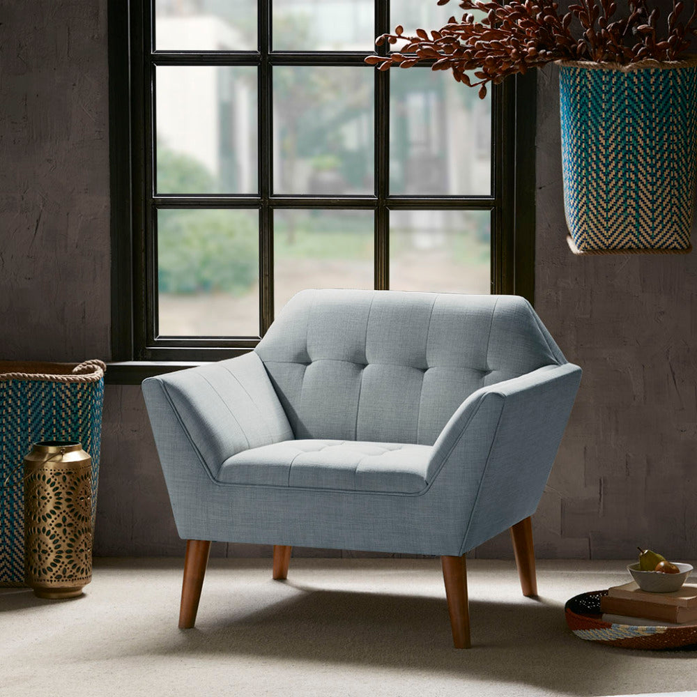 Mid-Century Modern Lounge Chair | Button Tufted, Pecan Legs, 300 lb Capacity Gray