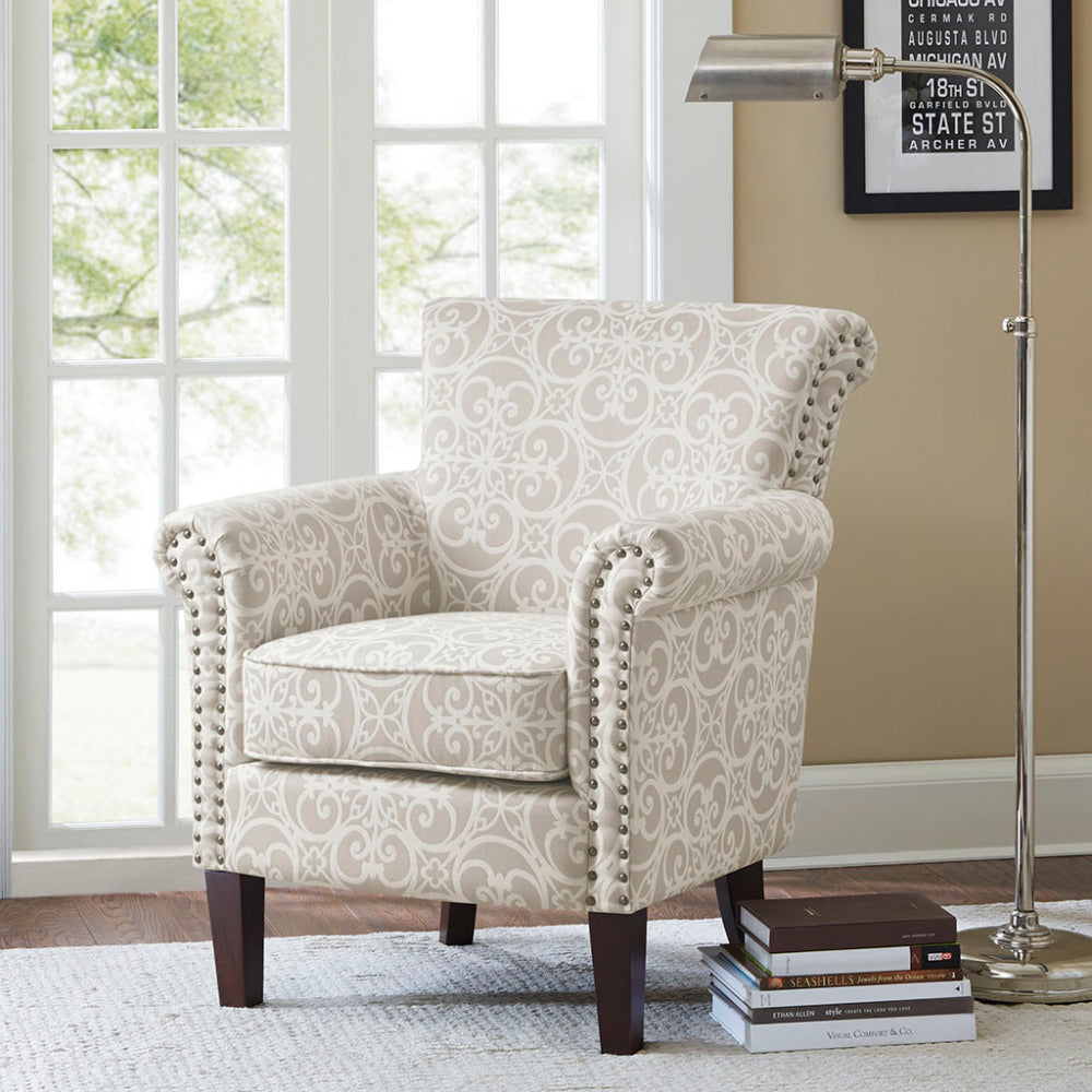 Tight Back Club Chair | Nailhead Trim, Solid Wood Legs, 300 lb Capacity Beige
