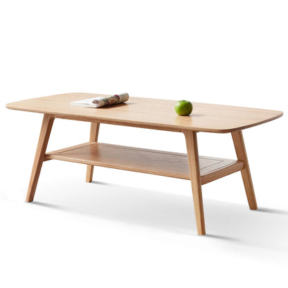 Solid Oak Wood Coffee Table with Storage Shelf | 2-Tier Low Center Table for Living Room