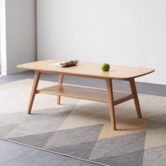 Solid Oak Wood Coffee Table with Storage Shelf | 2-Tier Low Center Table for Living Room Large