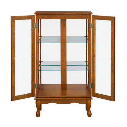 Lighted Curio Display Cabinet with Mirrored Back, Tempered Glass Doors & Adjustable Shelves | 3-Tier Corner Showcase — Oak