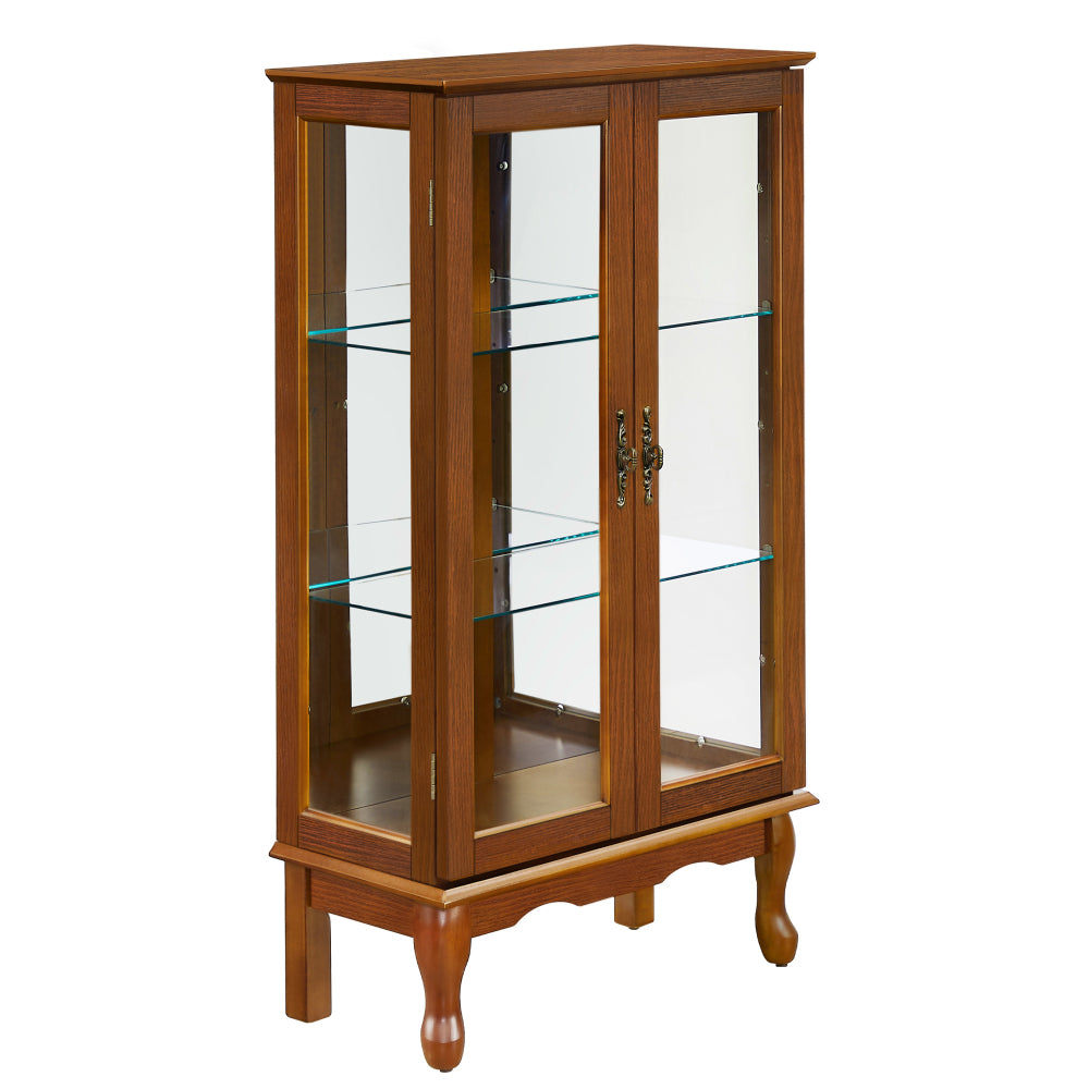 Lighted Curio Display Cabinet with Mirrored Back, Tempered Glass Doors & Adjustable Shelves | 3-Tier Corner Showcase — Oak