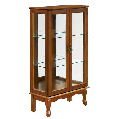 Lighted Curio Display Cabinet with Mirrored Back, Tempered Glass Doors & Adjustable Shelves | 3-Tier Corner Showcase — Oak