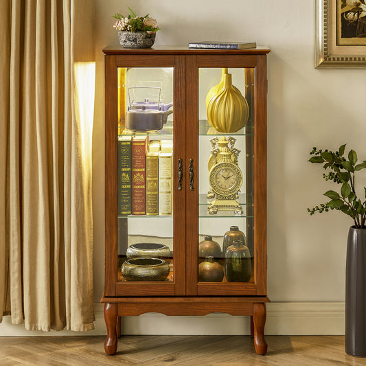 Lighted Curio Display Cabinet with Mirrored Back, Tempered Glass Doors & Adjustable Shelves | 3-Tier Corner Showcase — Oak