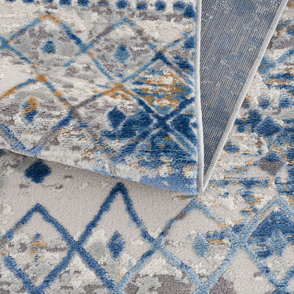 5×7 Moroccan Area Rug | OEKO-TEX Certified Woven Blue & Cream Global Print — Non-Slip, Stain & Fade Resistant, Made in Turkey