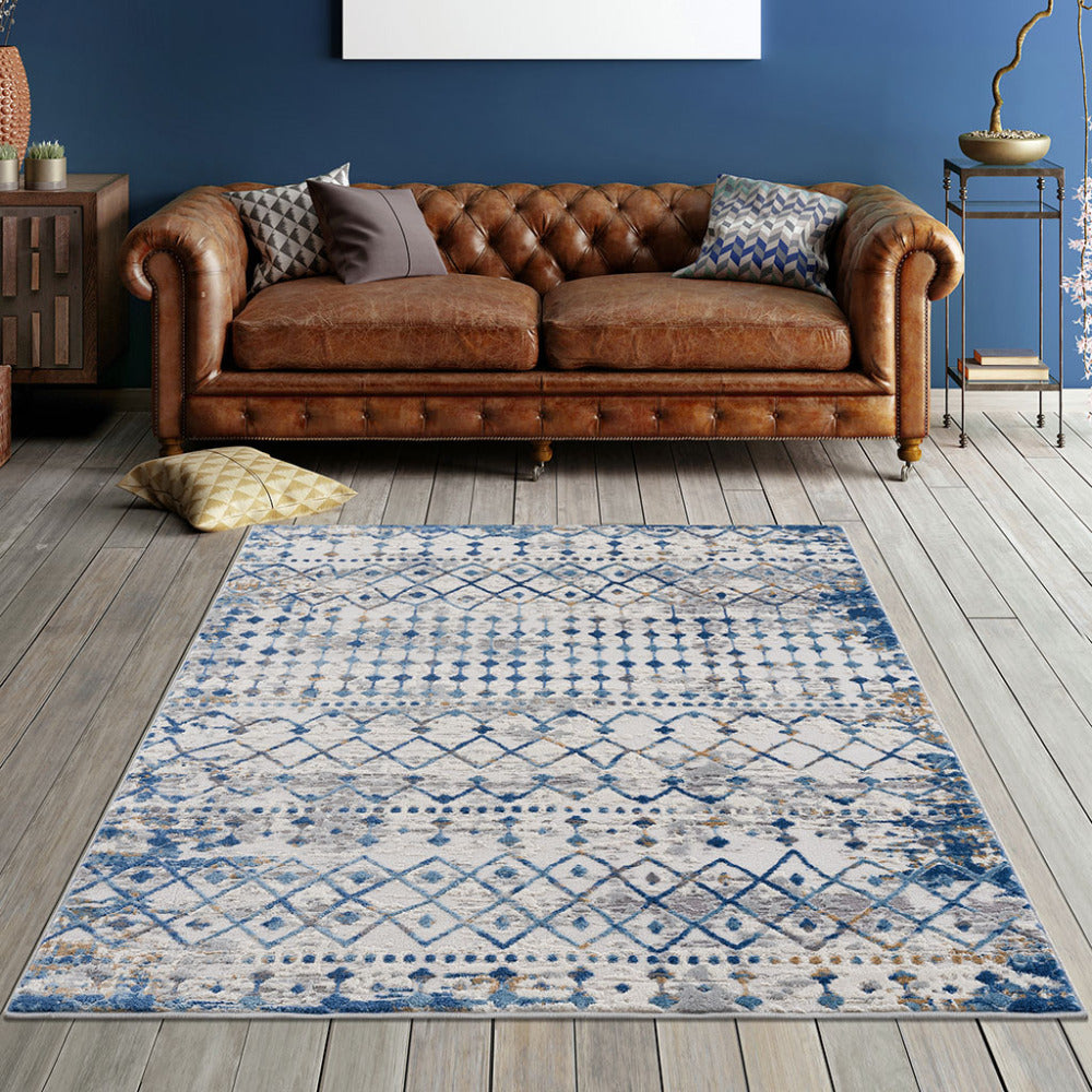 5×7 Moroccan Area Rug | OEKO-TEX Certified Woven Blue & Cream Global Print — Non-Slip, Stain & Fade Resistant, Made in Turkey