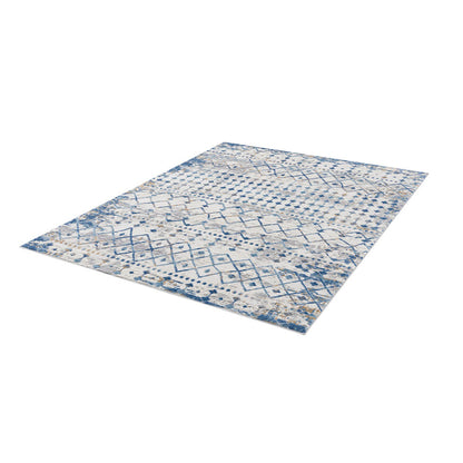 5×7 Moroccan Area Rug | OEKO-TEX Certified Woven Blue & Cream Global Print — Non-Slip, Stain & Fade Resistant, Made in Turkey