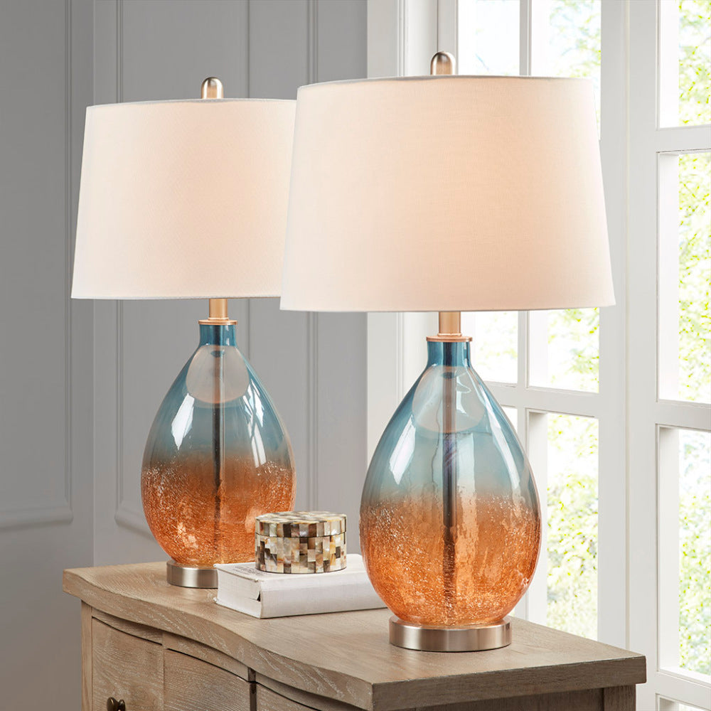Ombre Glass Table Lamp Set of 2 | 26.75" Blue Gradient Base, Tapered Drum Shade, LED Bulb Included