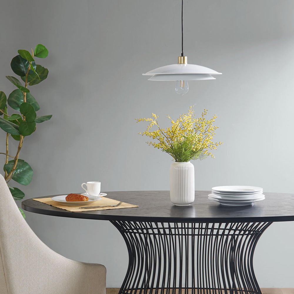 Mid-Century Modern Pendant Light – Double Disc Shade, Matte White & Gold Ceiling Base