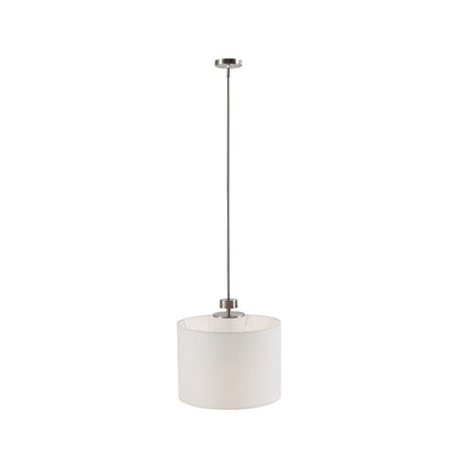 Silver Metal Pendant Light with White Linen Drum Shade | Urban Modern Hanging Fixture