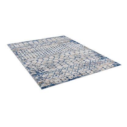 5×7 Moroccan Area Rug | OEKO-TEX Certified Woven Blue & Cream Global Print — Non-Slip, Stain & Fade Resistant, Made in Turkey