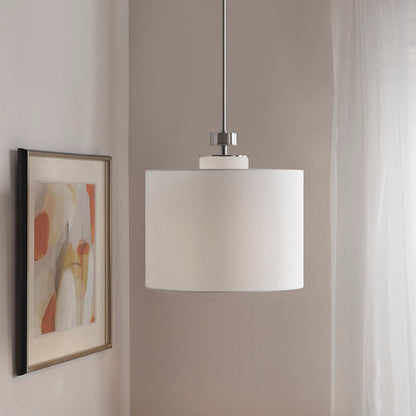 Silver Metal Pendant Light with White Linen Drum Shade | Urban Modern Hanging Fixture