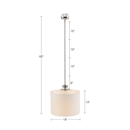 Silver Metal Pendant Light with White Linen Drum Shade | Urban Modern Hanging Fixture