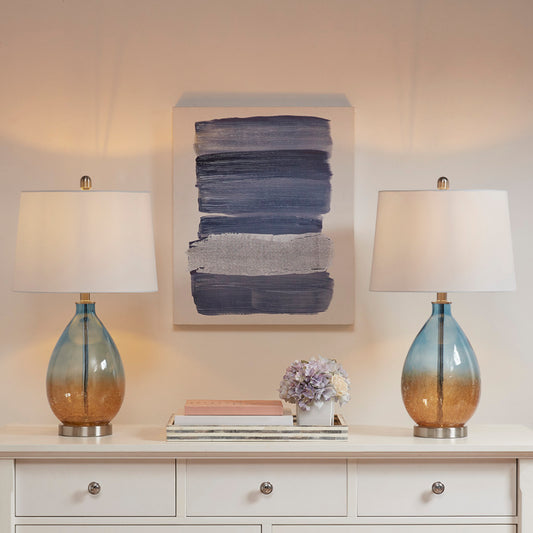 Ombre Glass Table Lamp Set of 2 | 26.75" Blue Gradient Base, Tapered Drum Shade, LED Bulb Included