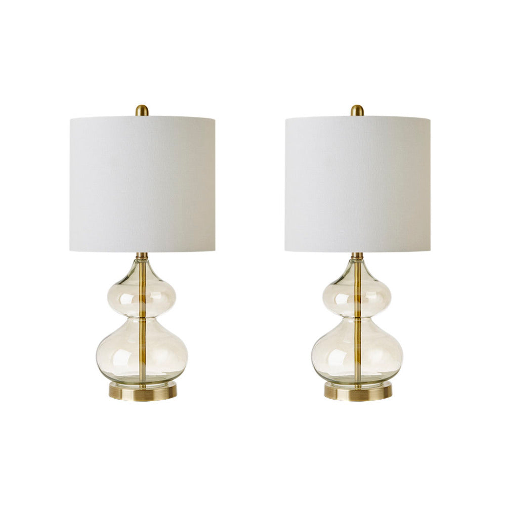 Curved Glass Table Lamps (Set of 2) – Double-Stacked Gourd Base, White Drum Shade & LED Bulbs Included | Blue or Gold