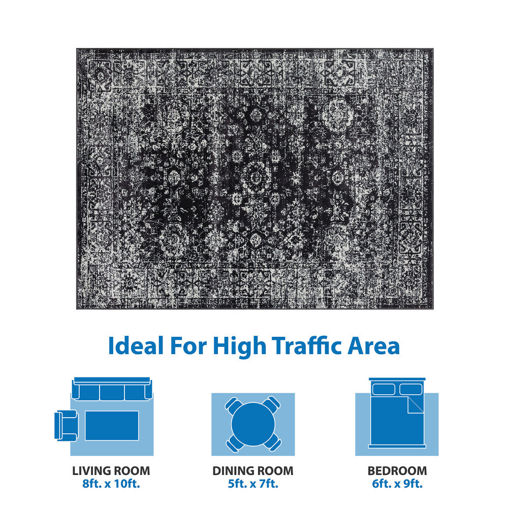 8×10 Distressed Vintage Persian Area Rug | OEKO-TEX Certified Woven Black & Cream Design — Non-Slip, Stain & Fade Resistant, Made in Turkey