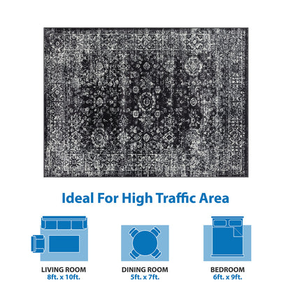 8×10 Distressed Vintage Persian Area Rug | OEKO-TEX Certified Woven Black & Cream Design — Non-Slip, Stain & Fade Resistant, Made in Turkey